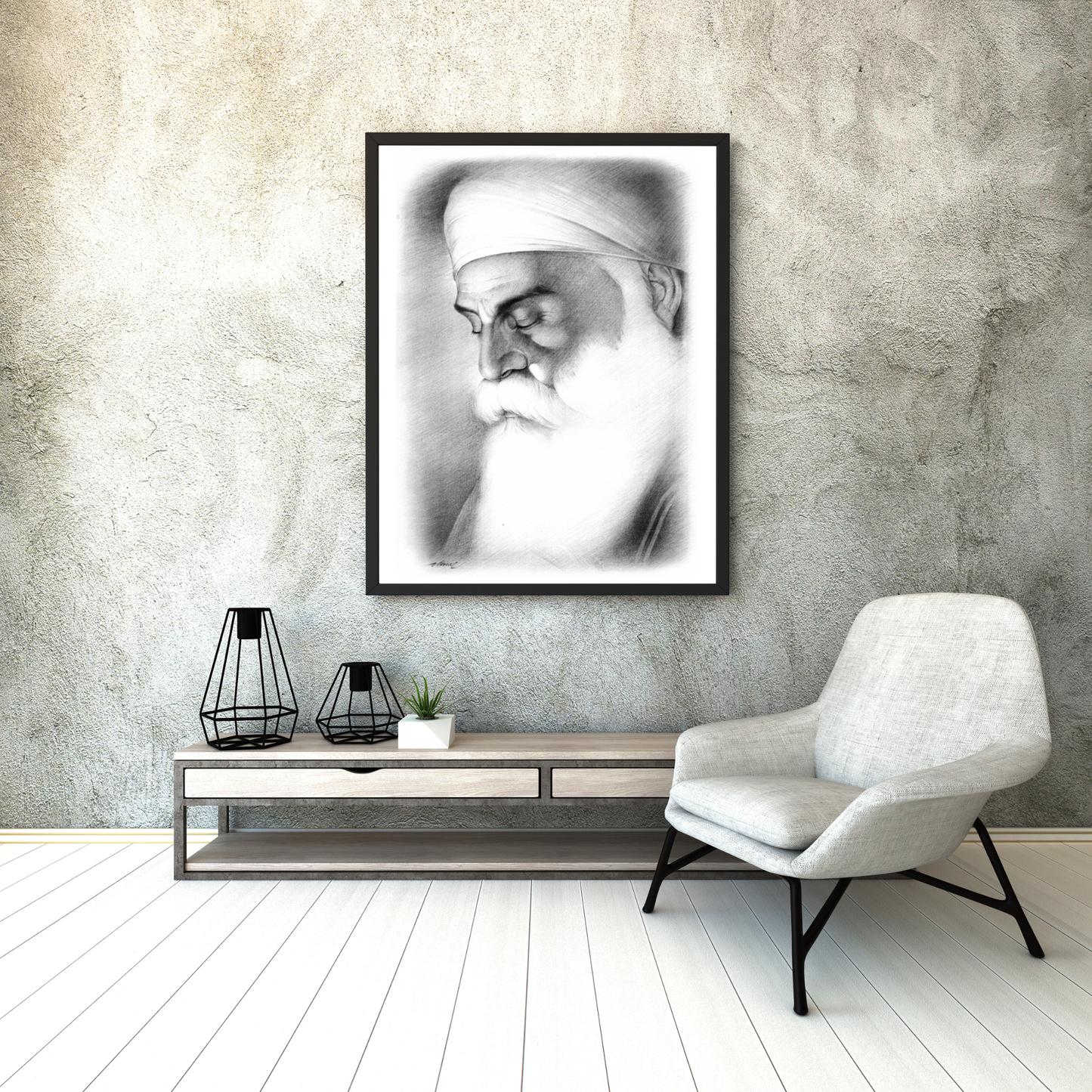 Guru Nanak Dev Ji Print: Vintage Sikh Religious Art - Framed