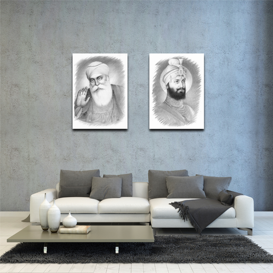 Guru Gobind Singh Ji & Guru Nanak Dev Ji Print: Vintage Sikh Religious Art - Two Canvases
